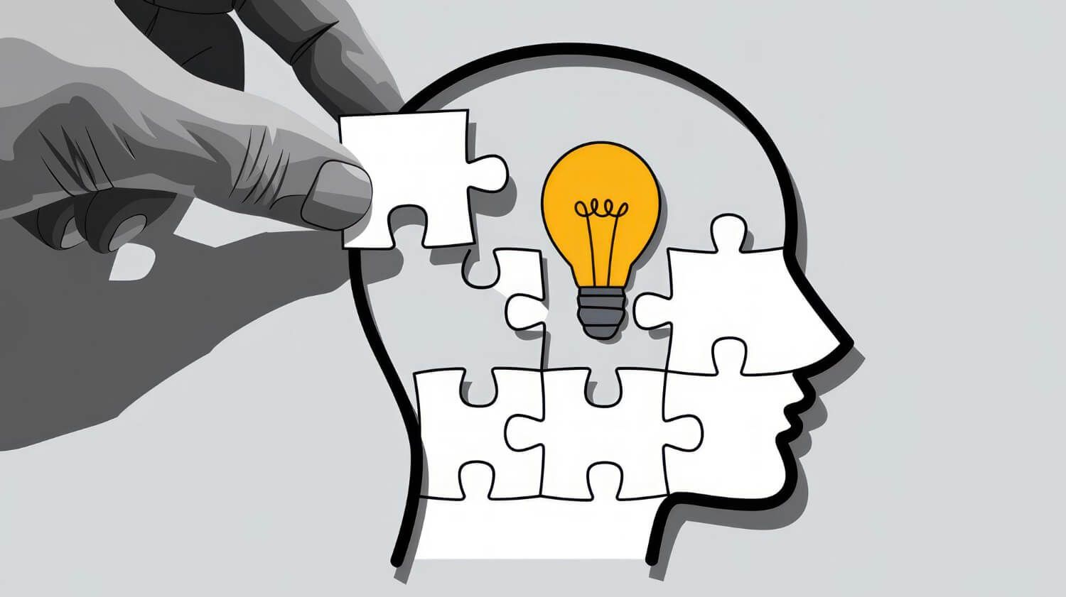 Hand placing puzzle piece into brain-shaped outline with lightbulb in center, representing the complex process of finding the right therapeutic fit