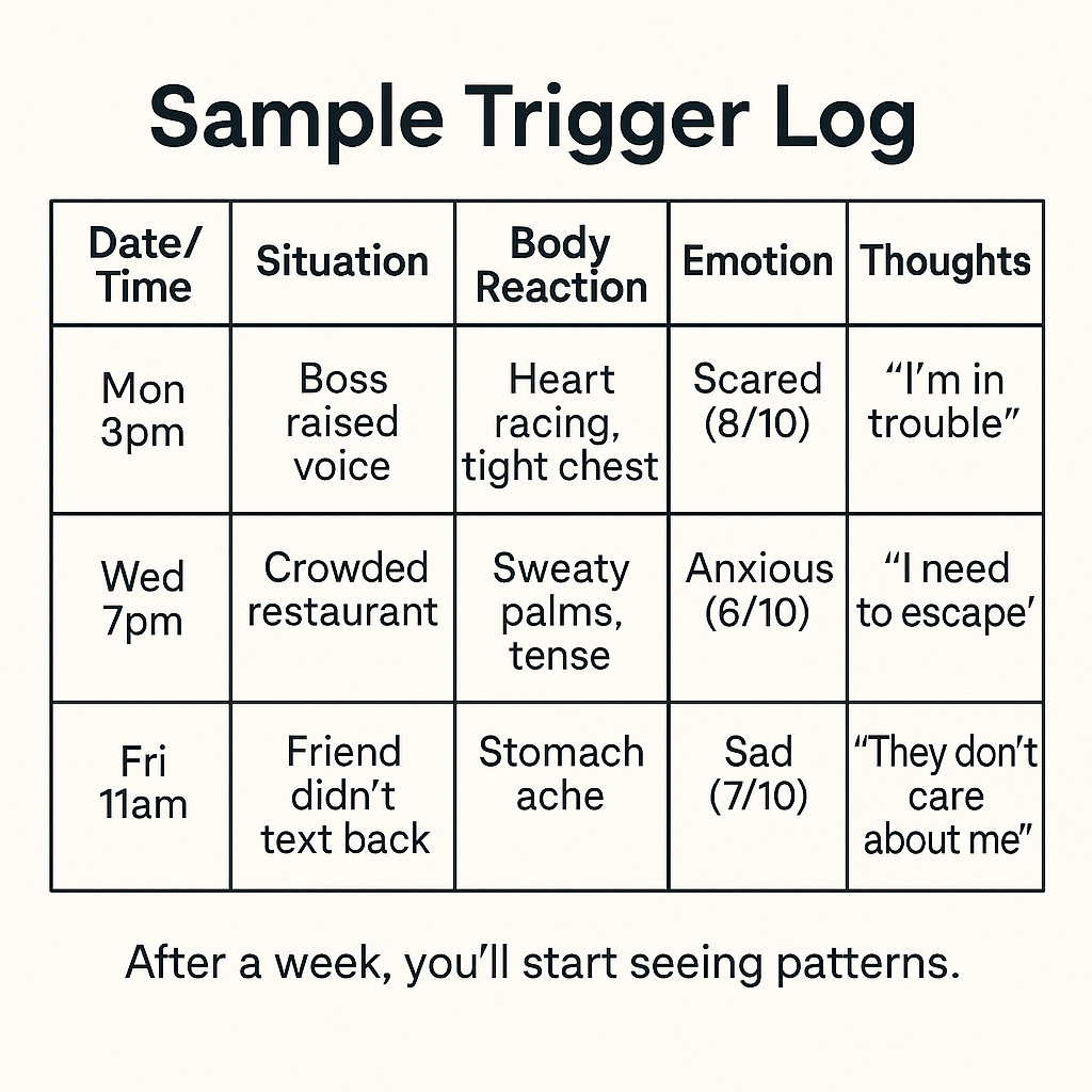 Sample trigger log chart showing date, situation, body reaction, emotion and thoughts columns with three example entries for trauma tracking