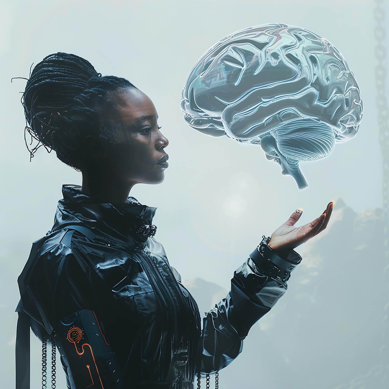 Digital illustration of Black woman with glowing brain hovering above her hand, representing the neurobiology of complex trauma and mind-body healing approaches