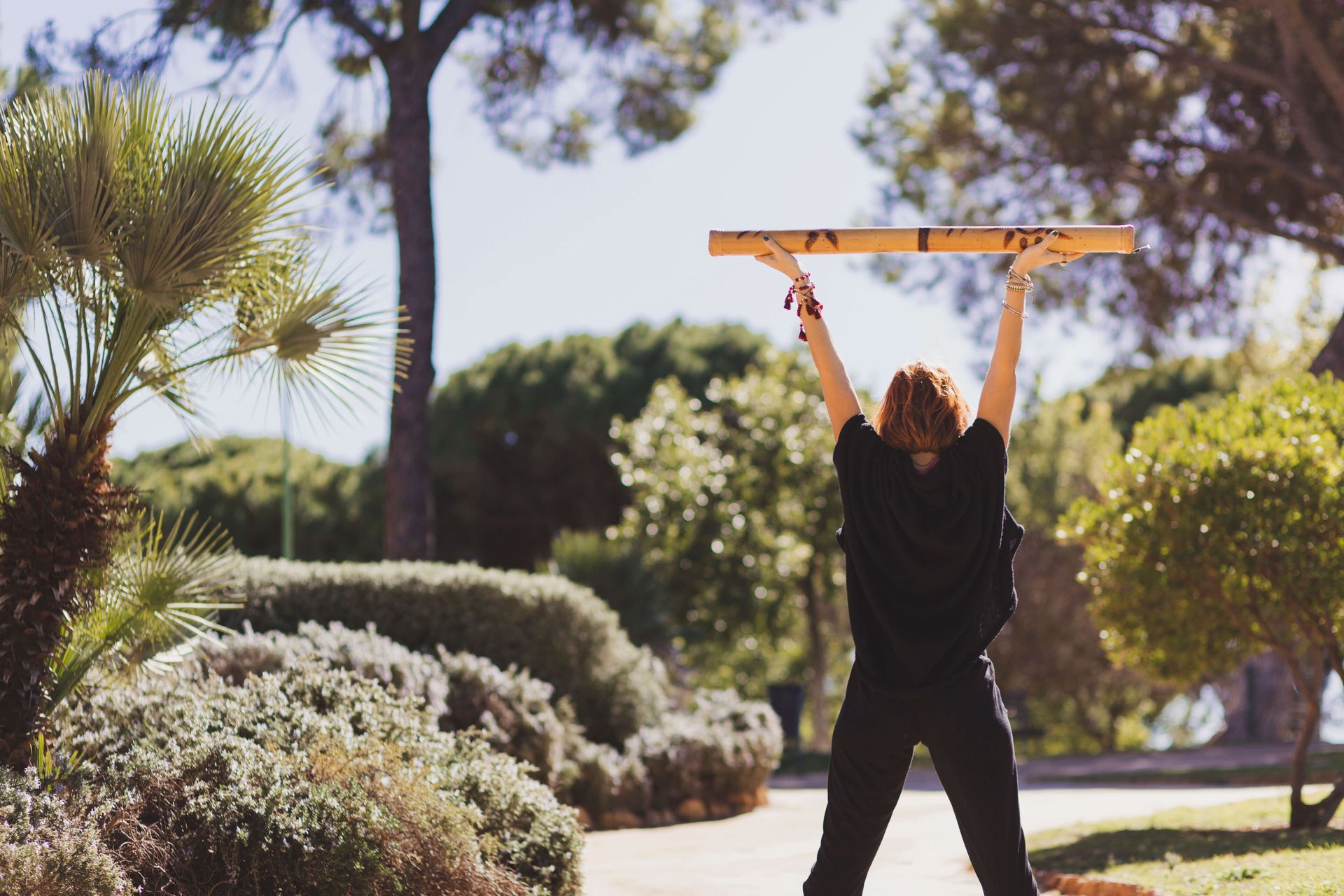 Silhouette of woman with arms raised in celebration against sunny sky with palm trees, symbolizing triumph and rebuilding self-trust after trauma recovery