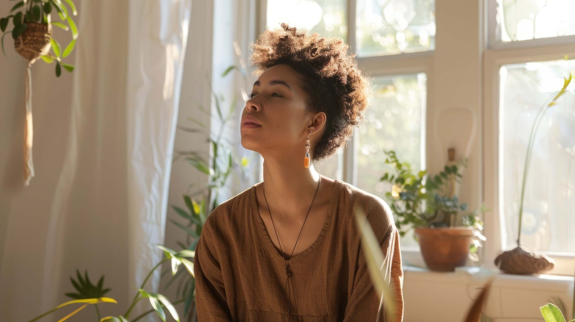 Young Black woman with natural hair sitting peacefully in meditation pose by a sunny window with plants, practicing mindfulness for nervous system regulation