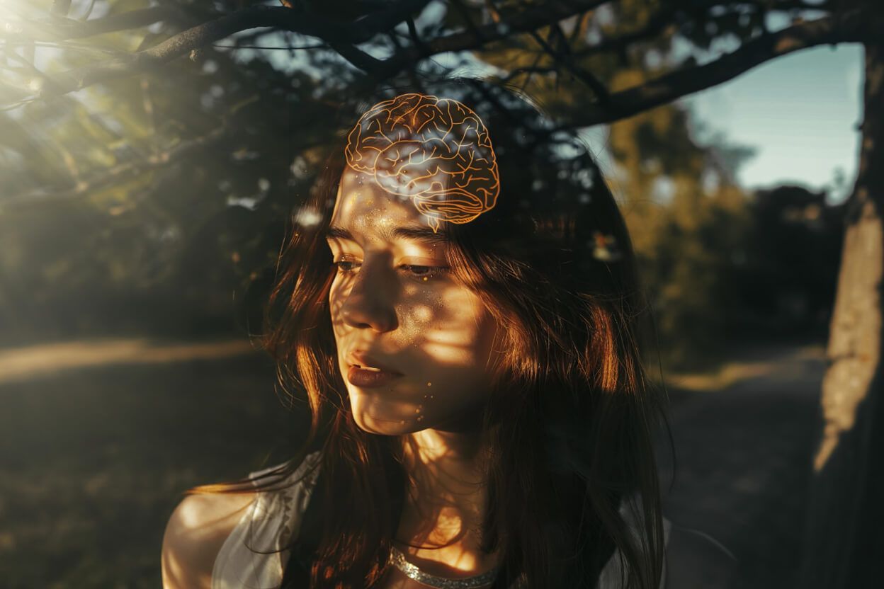 Woman with closed eyes in peaceful meditation pose with warm sunlight filtering through, representing inner healing and somatic awareness
