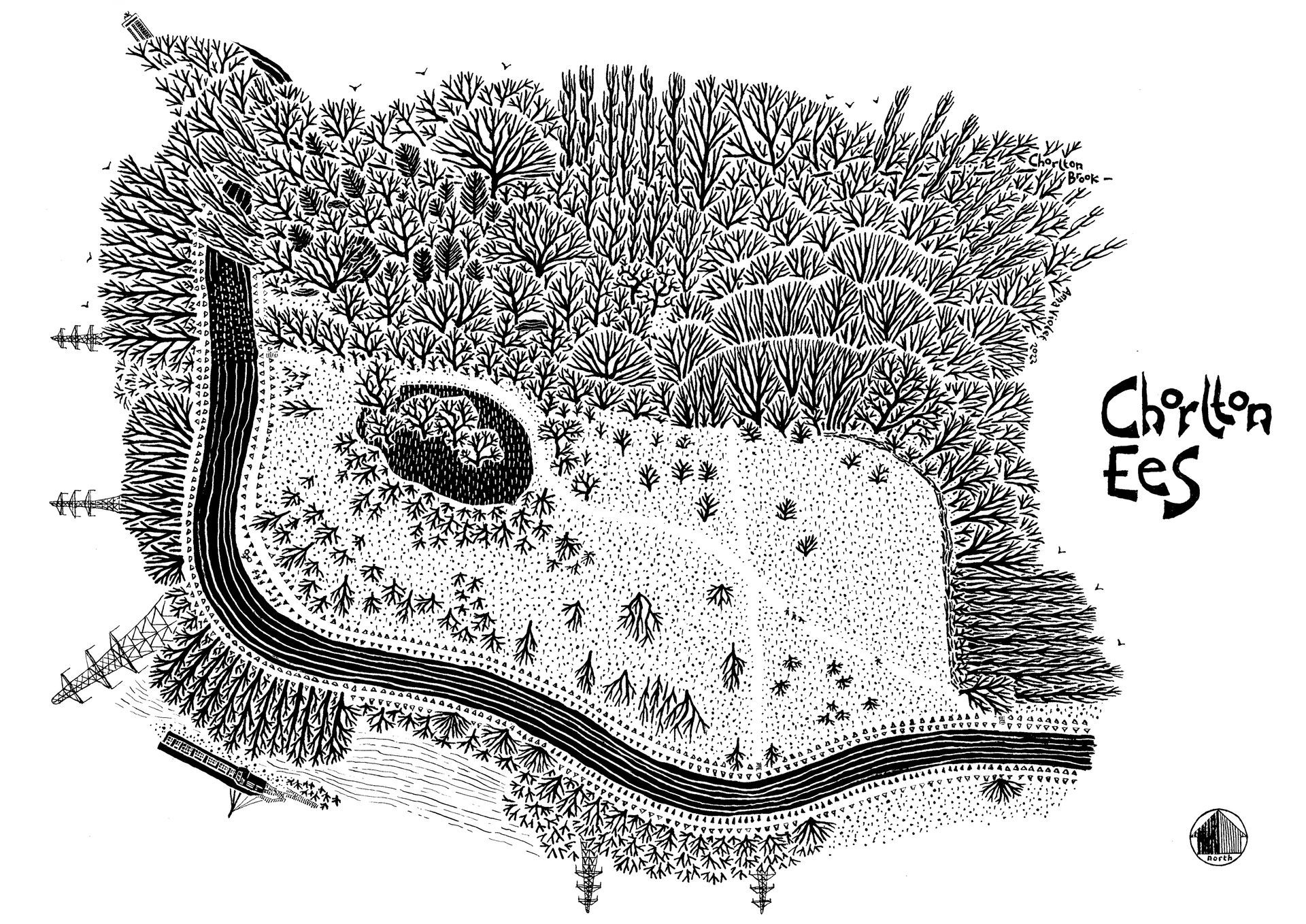 black and white, illustration, graphic, bold, chorlton ees, chorlton meadows, treescape, anna violet illustrator,