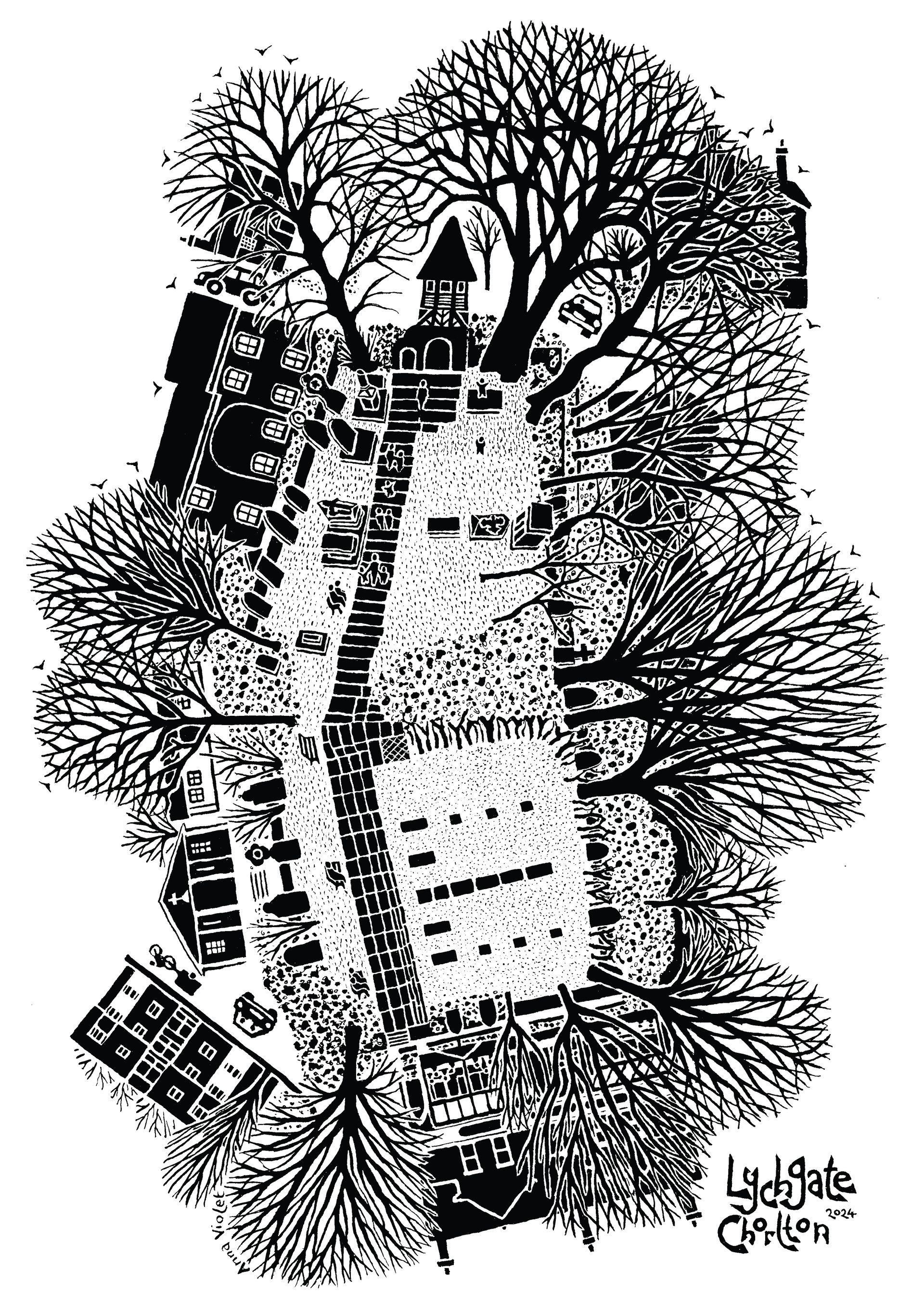 anna violet illustrator, black and white, manchester, chorlton lychgate, Chorlton Green lychgate, chorlton graveyard, bowling green hotel, Brookburn Road, Ivygreen Road,, Manchester, green, chorlton green space, chorlton open space, chorlton walking route,folksy shop,