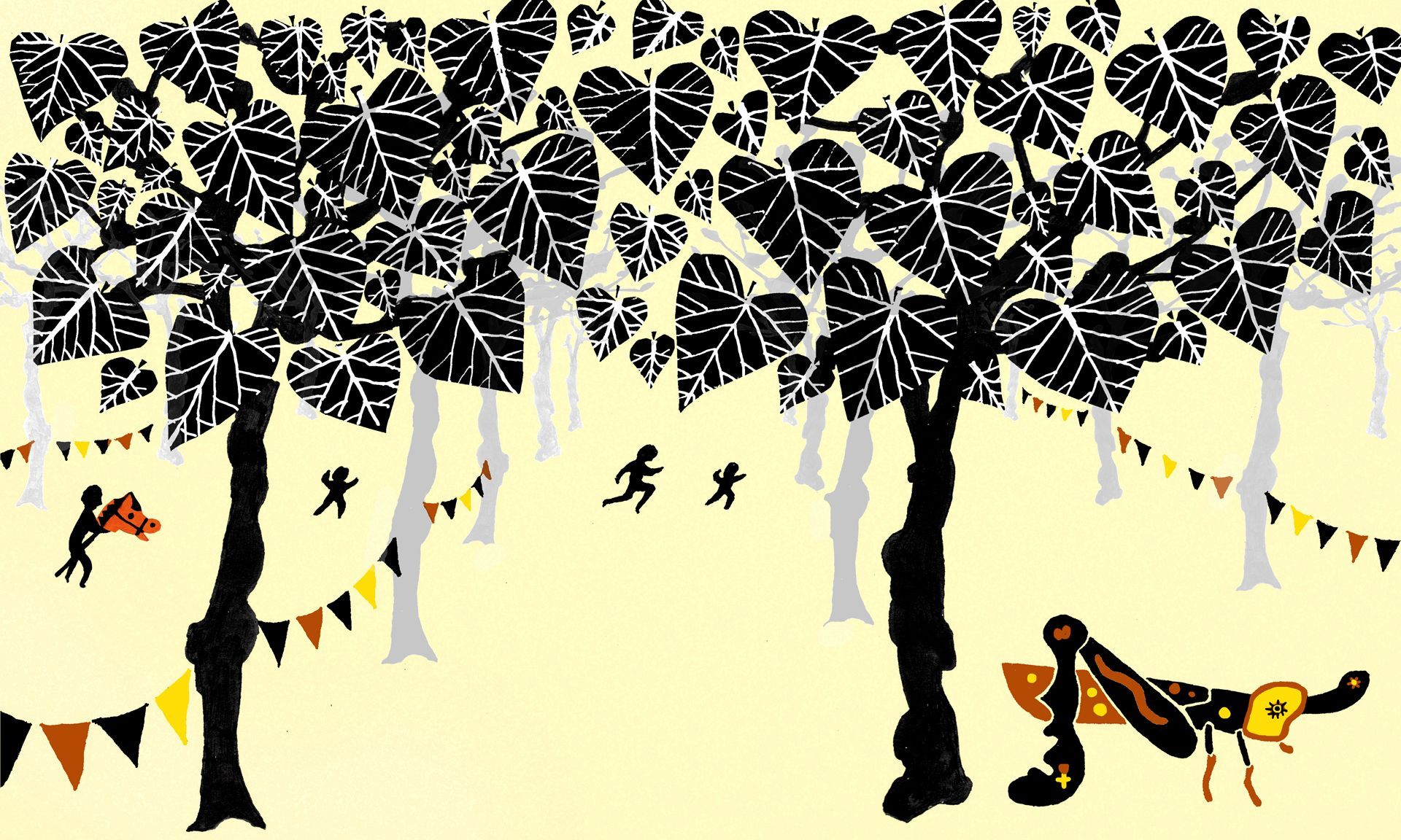 shadow play, sudbury hall, lime trees, pruning, grasshopper,bunting, childrens play,