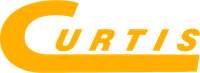 A yellow and white logo for curtis on a white background
