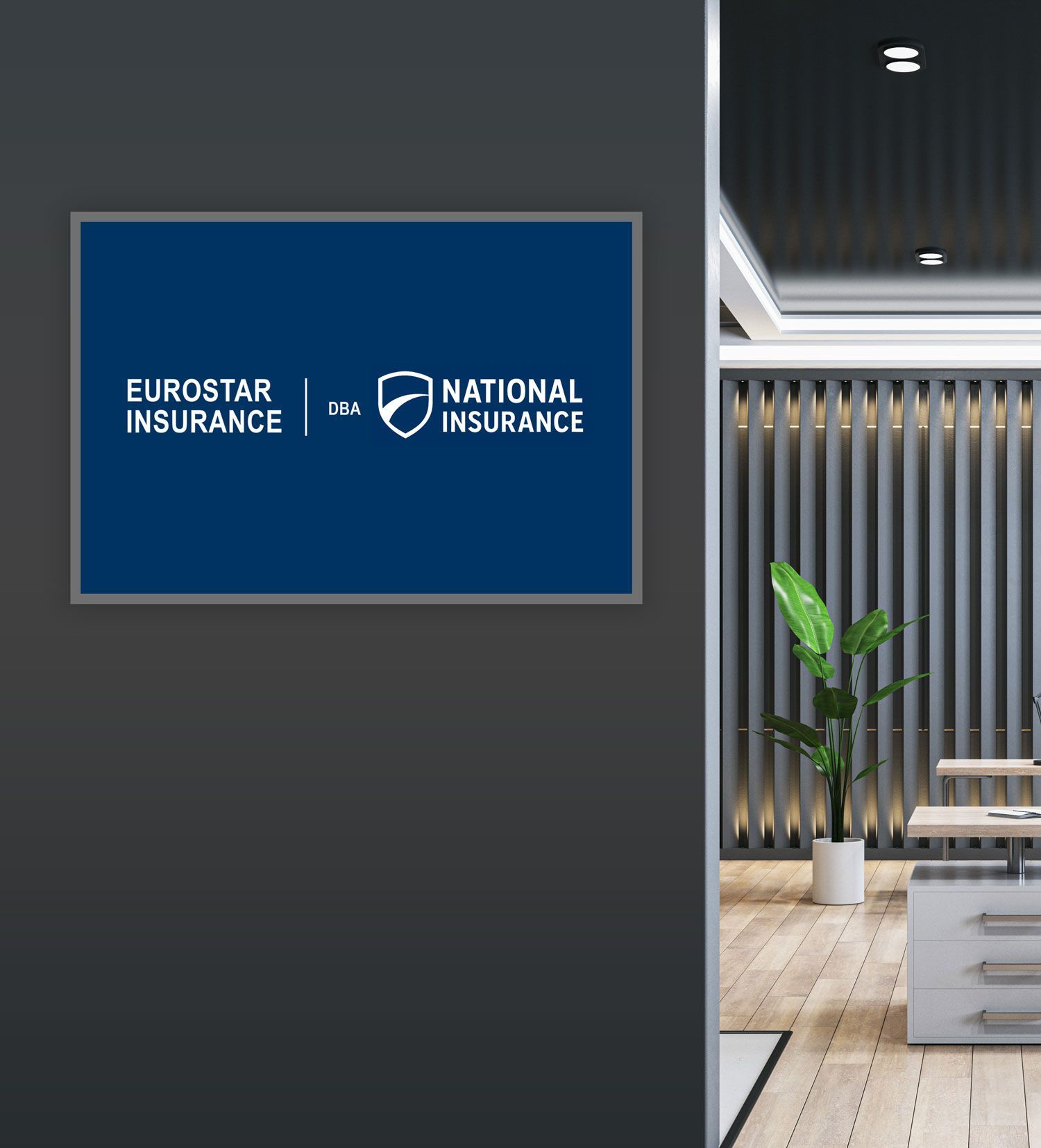 Logo for National Insurance displayed on a dark wall. Interior office with plant and desk visible.