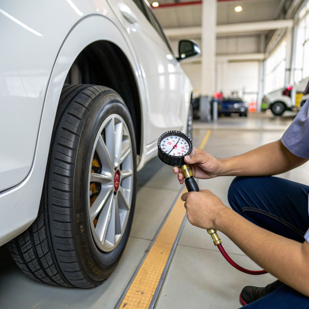 A mechanic checking tire pressure on a white car inside a garage.