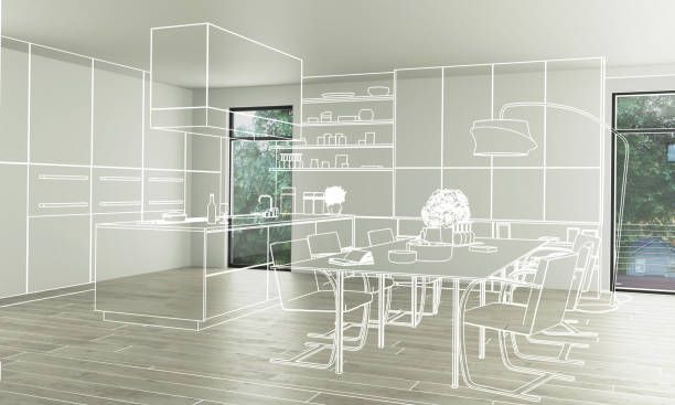 A computer generated image of a dining room with a table and chairs.