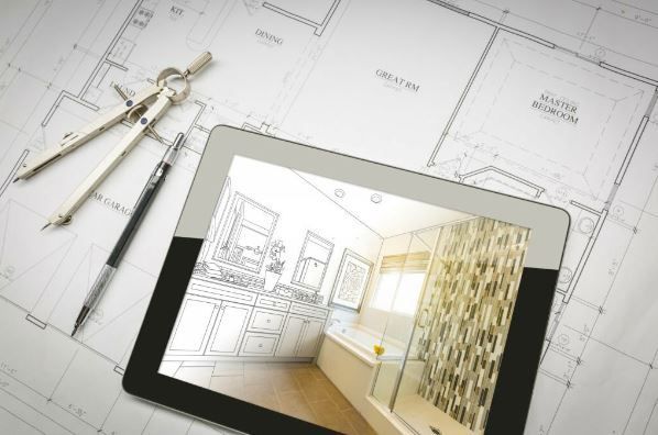 A tablet with a picture of a bathroom on it