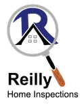 A logo for reilly home inspections with a magnifying glass