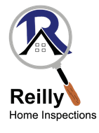 A logo for reilly home inspections with a magnifying glass