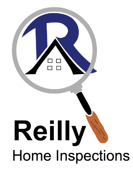 A logo for reilly home inspections with a magnifying glass