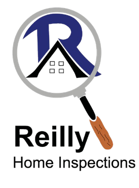 A logo for reilly home inspections with a magnifying glass