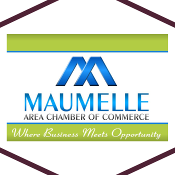 Maumelle Area Chamber of Commerce logo with blue “M” and green banner, slogan “Where Business Meets Opportunity”