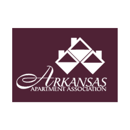 Arkansas Apartment Association logo in white on a maroon background