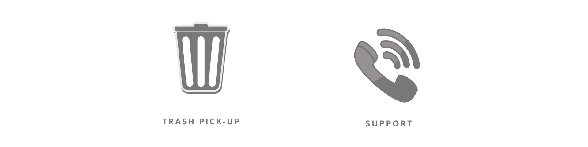 Trash can and phone call icons in gray, each with small text labels underneath.