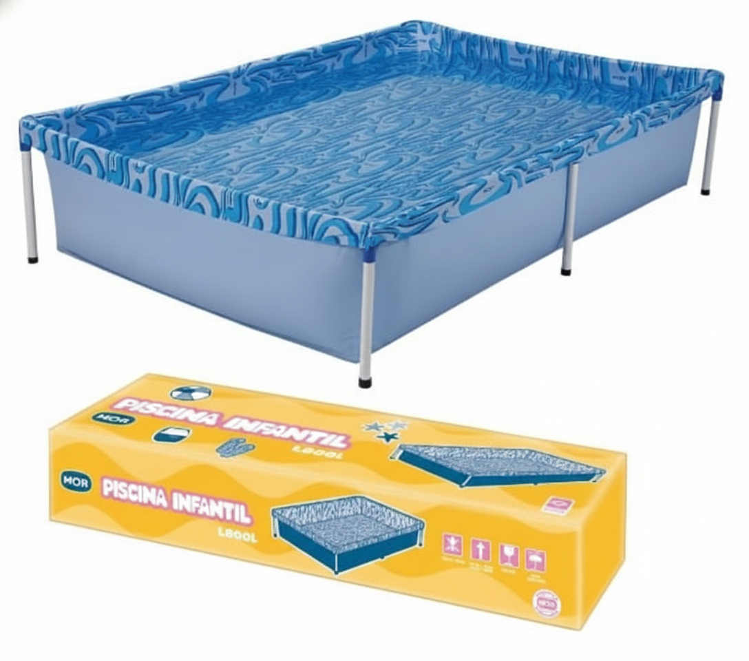 Piscina infantil rectangular de color azul y blanco con cubierta azul, presentada con su embalaje en caja.