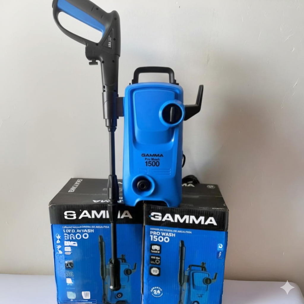 Hidrolavadora Blue Gamma con dos cajas, sobre fondo blanco.