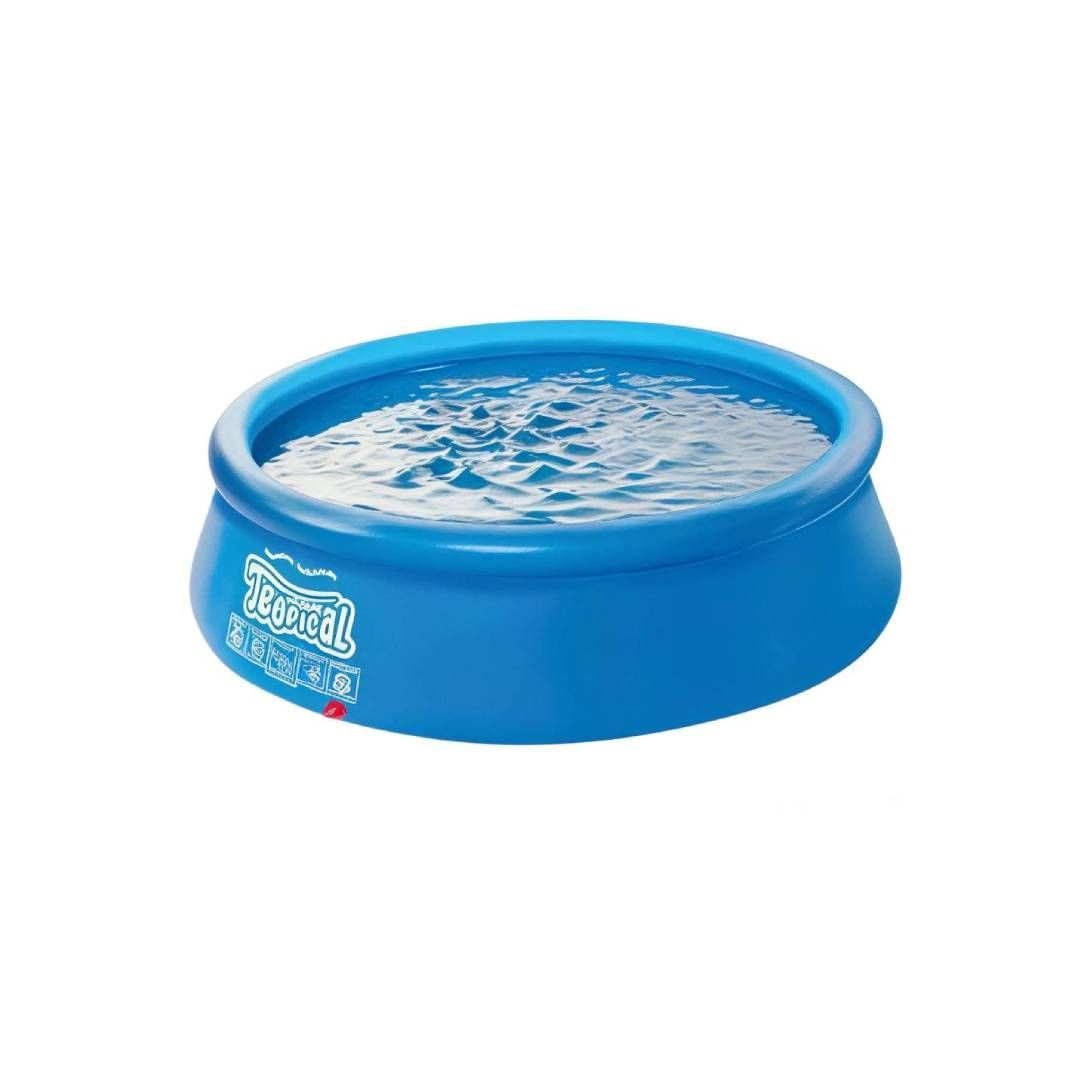 Piscina inflable para niños, de color azul, redonda y llena de agua.