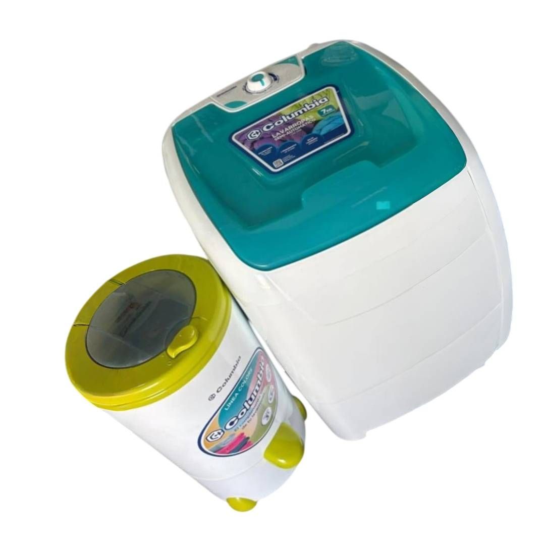 Una pequeña lavadora portátil con centrifugadora verde lima y blanca. La lavadora es blanca y turquesa.