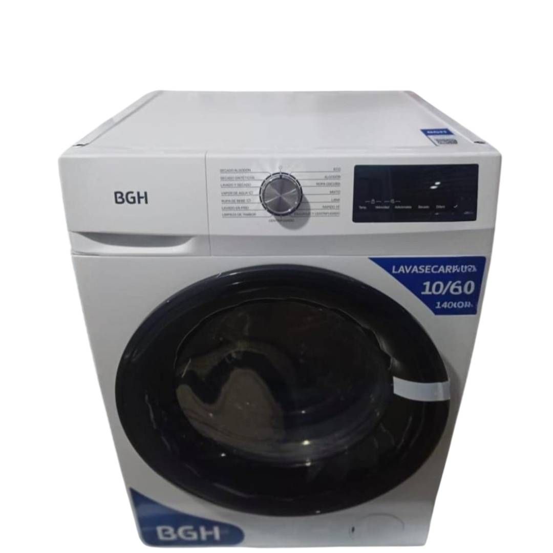 Lavadora BGH blanca con puerta, dial de control y pantalla de color negro.