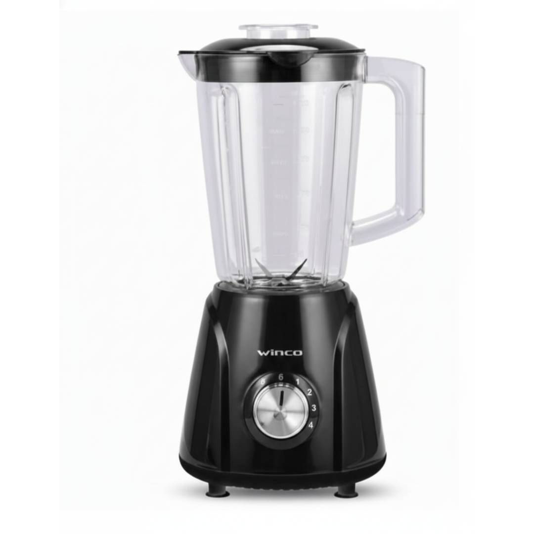 Licuadora Winco negra y transparente con perilla y jarra.