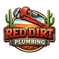 A logo for Red Dirt Plumbing featuring a large red pipe wrench over a desert landscape with cacti and text on a wood sign.