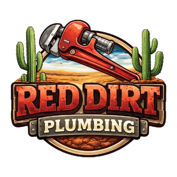 A logo for Red Dirt Plumbing featuring a large red pipe wrench over a desert landscape with cacti and text on a wood sign.