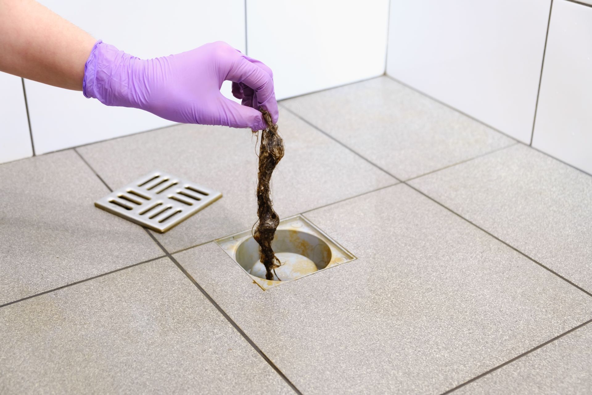 Hand in purple glove holding a clump of hair from a bathroom drain.