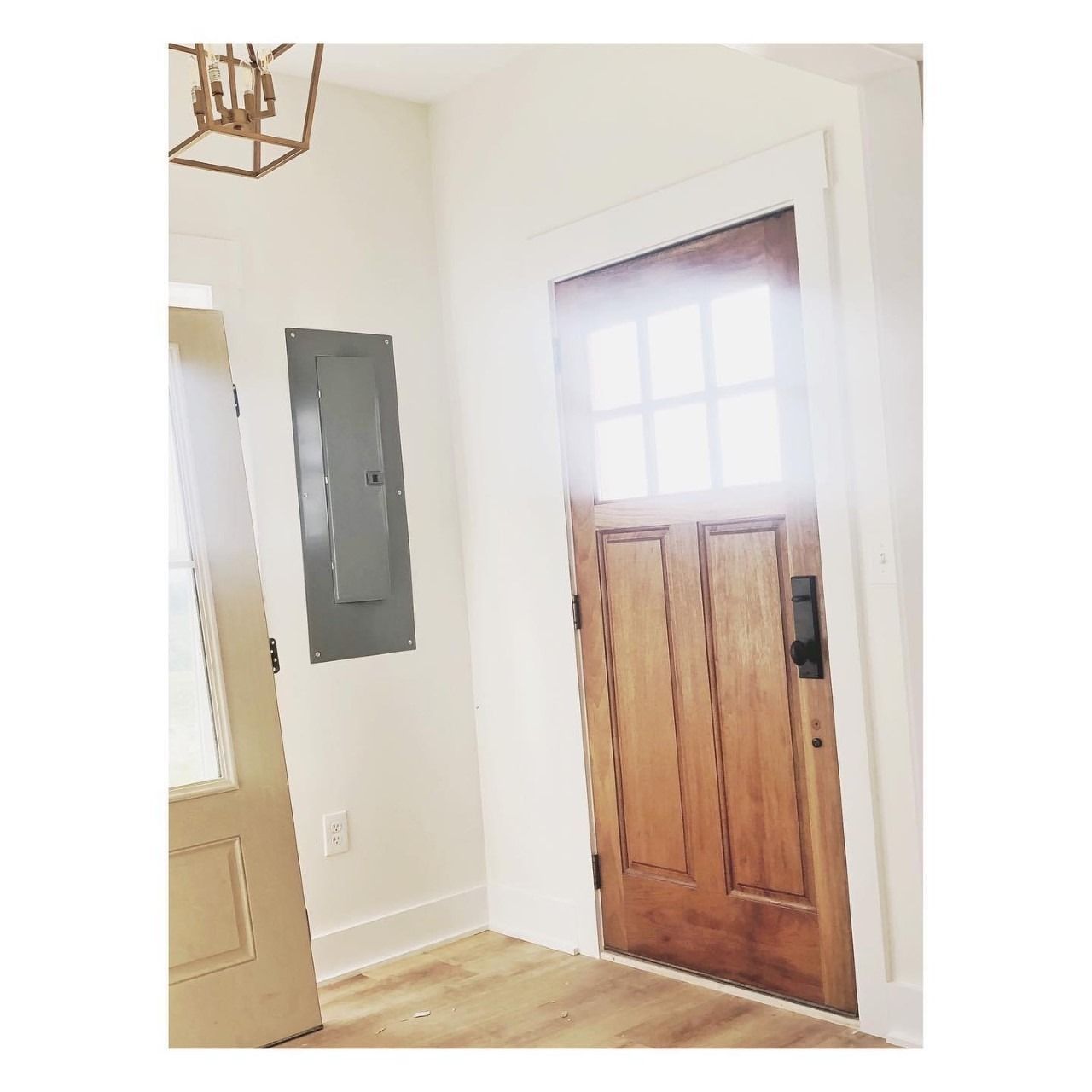 Entryway with wood door, sidelight, and light fixture; wood floors, white walls. Electrical panel visible.