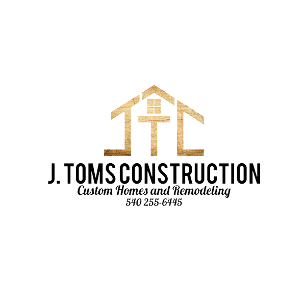 Gold and black logo for J. Toms Construction. The logo depicts a house silhouette with