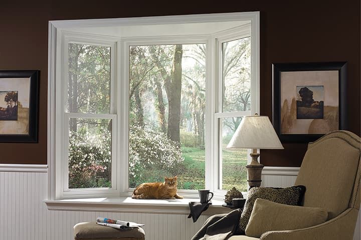 A cat is sitting on a window sill in a living room.