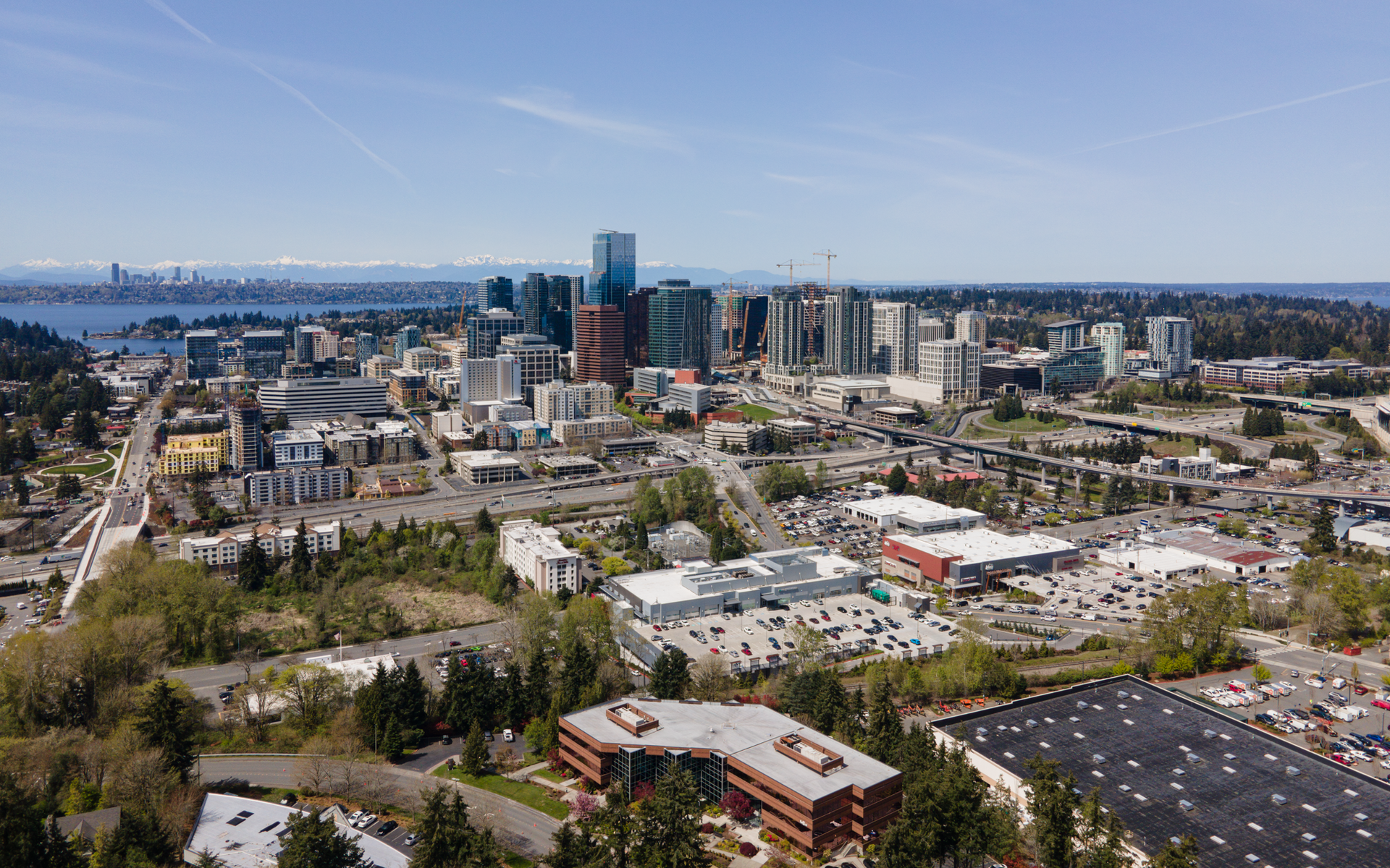 An aerial view of a city with a lot of buildings and trees.