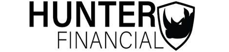 A black and white logo for hunter financial with a shield.