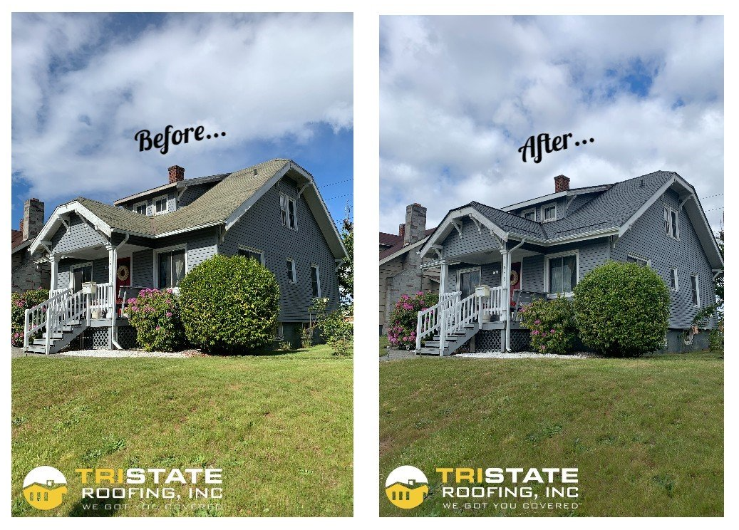 A before and after picture of a house with a new roof.