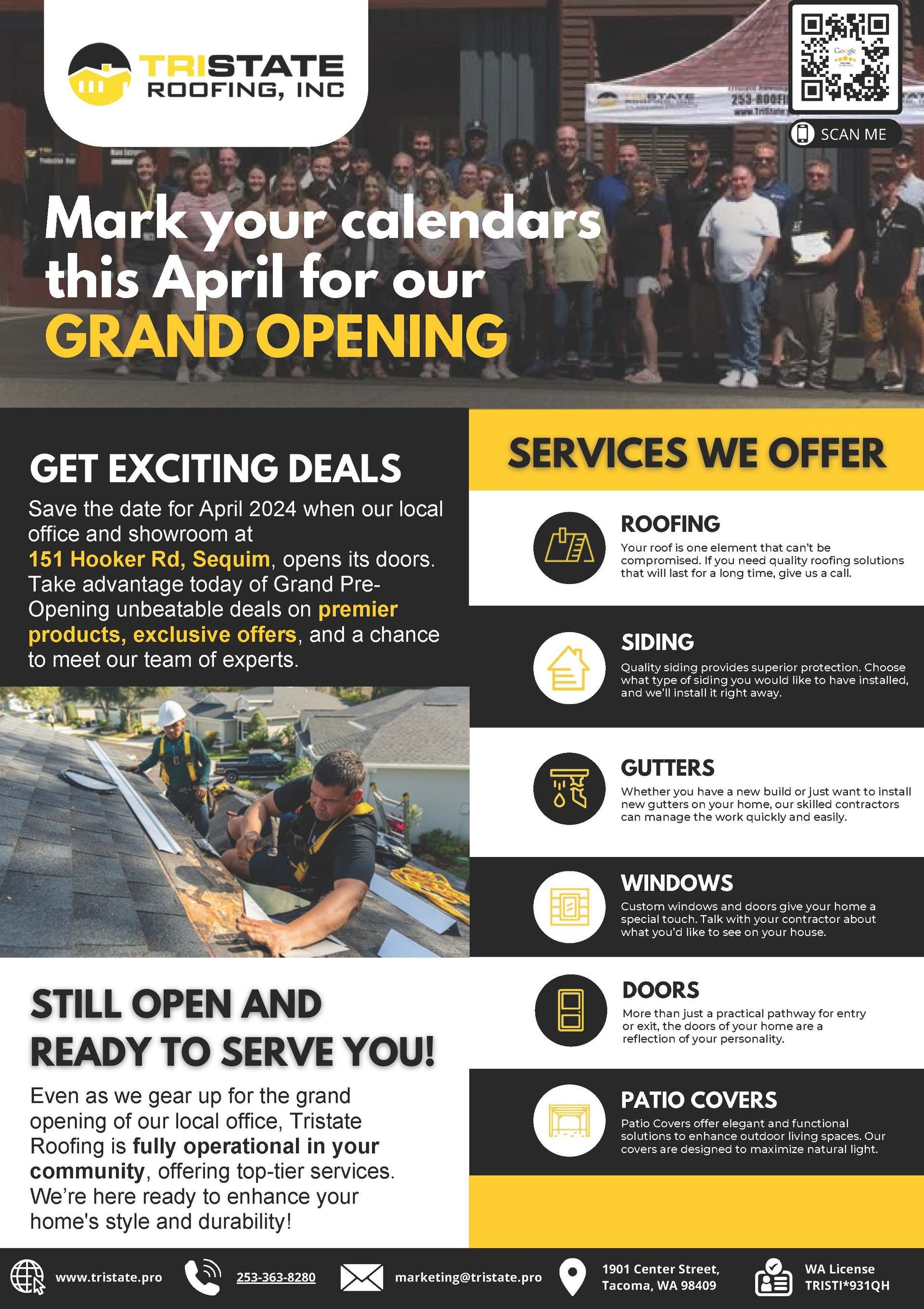 A flyer for a roofing company says `` mark your calendars this april for our grand opening ''.