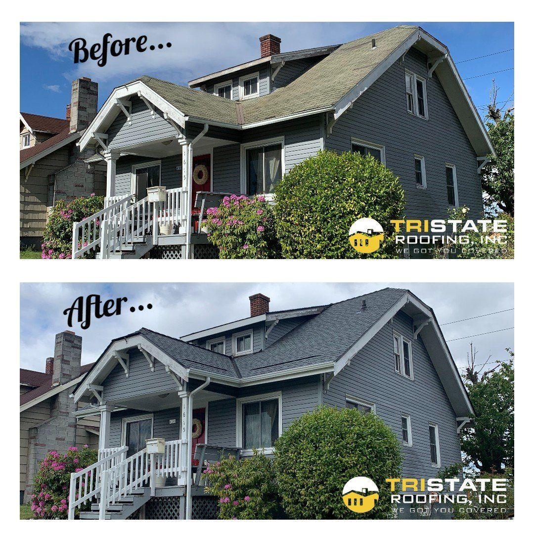 A before and after picture of a house with a new roof.