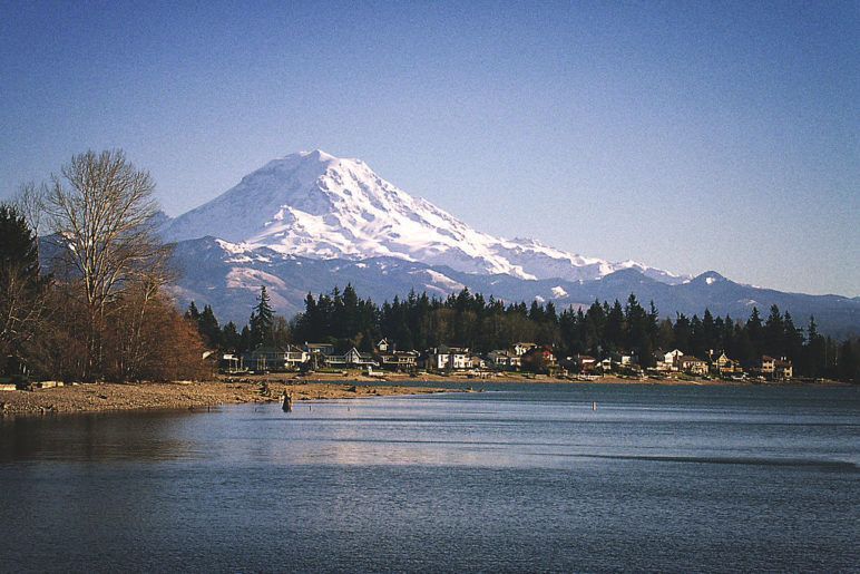 A lake with a snowy mountain in the background