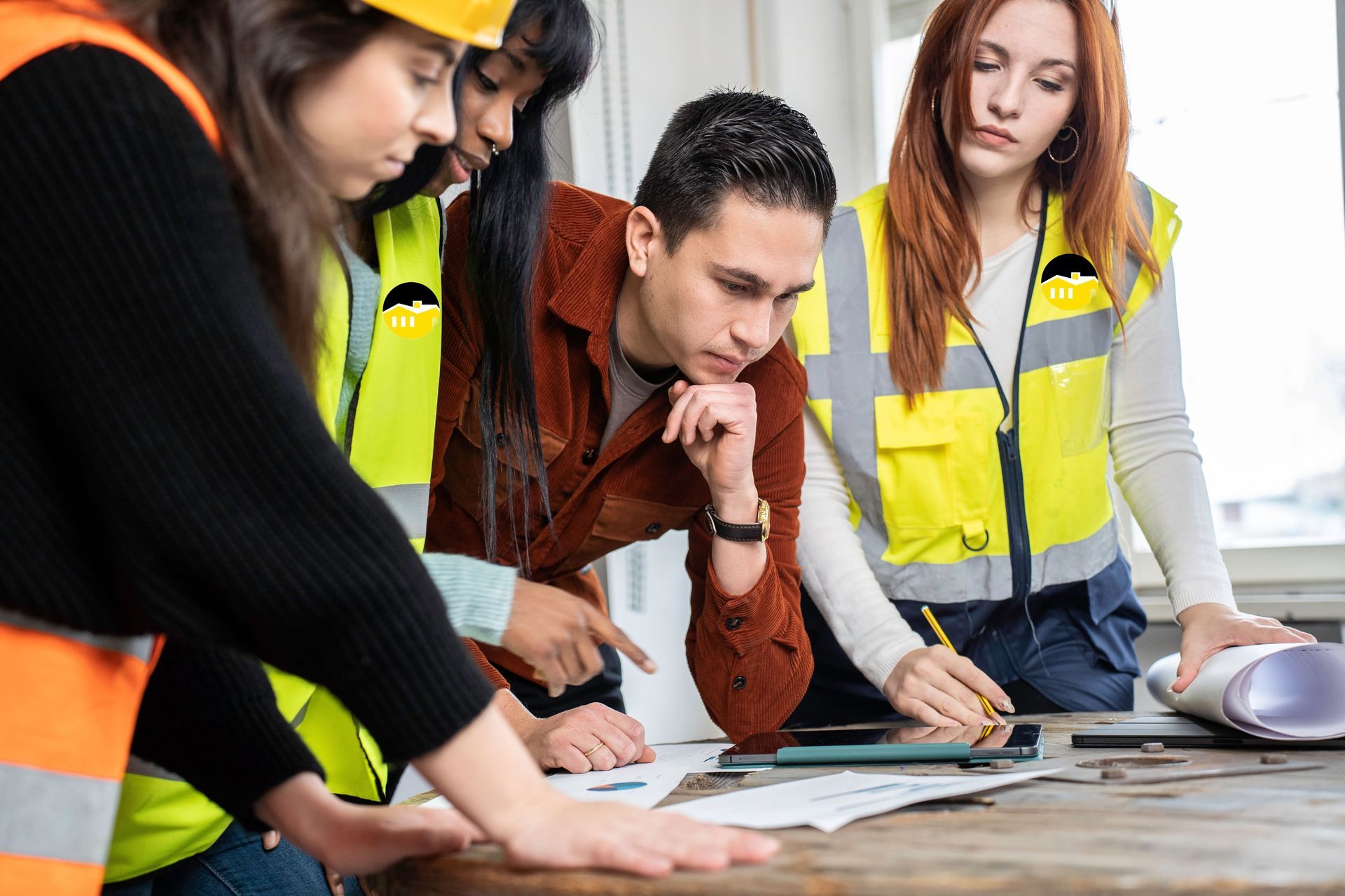 A group of construction workers are sitting around a table looking at a blueprint.