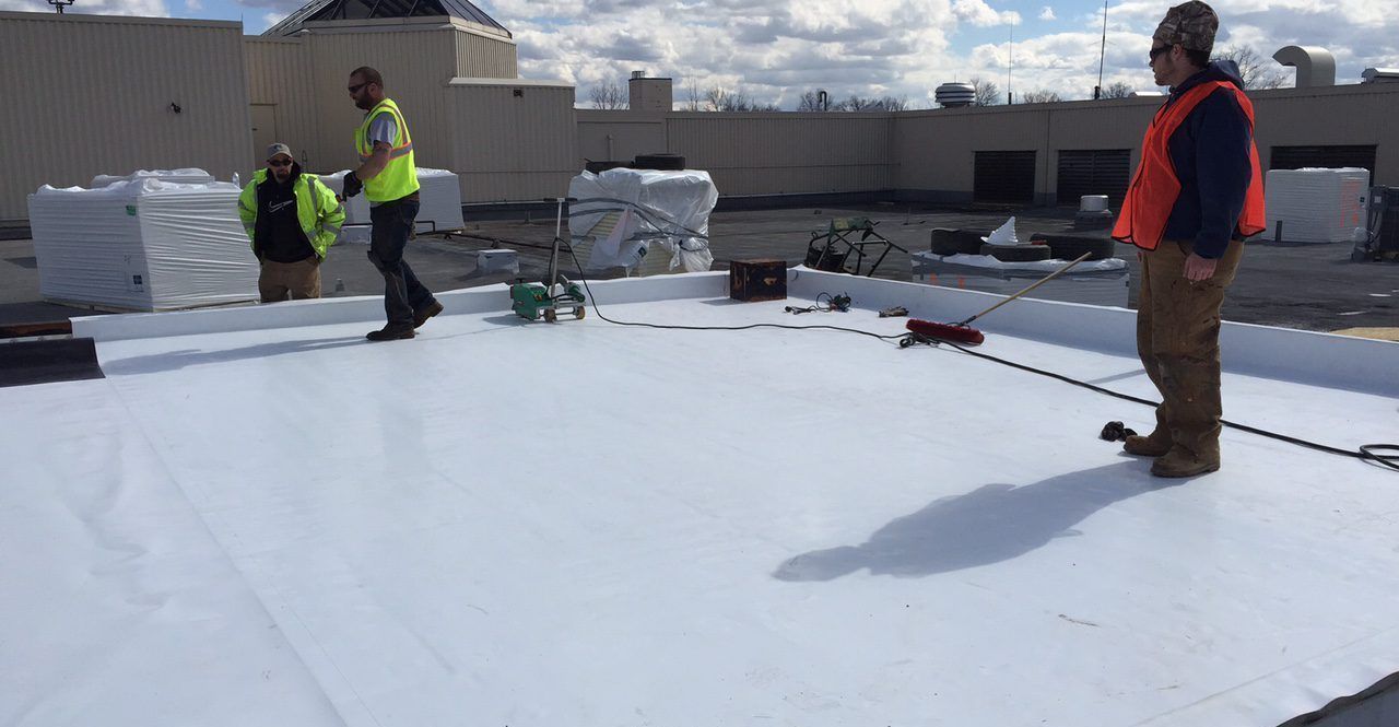 Roofing crew installing white TPO membrane on a commercial flat roof.