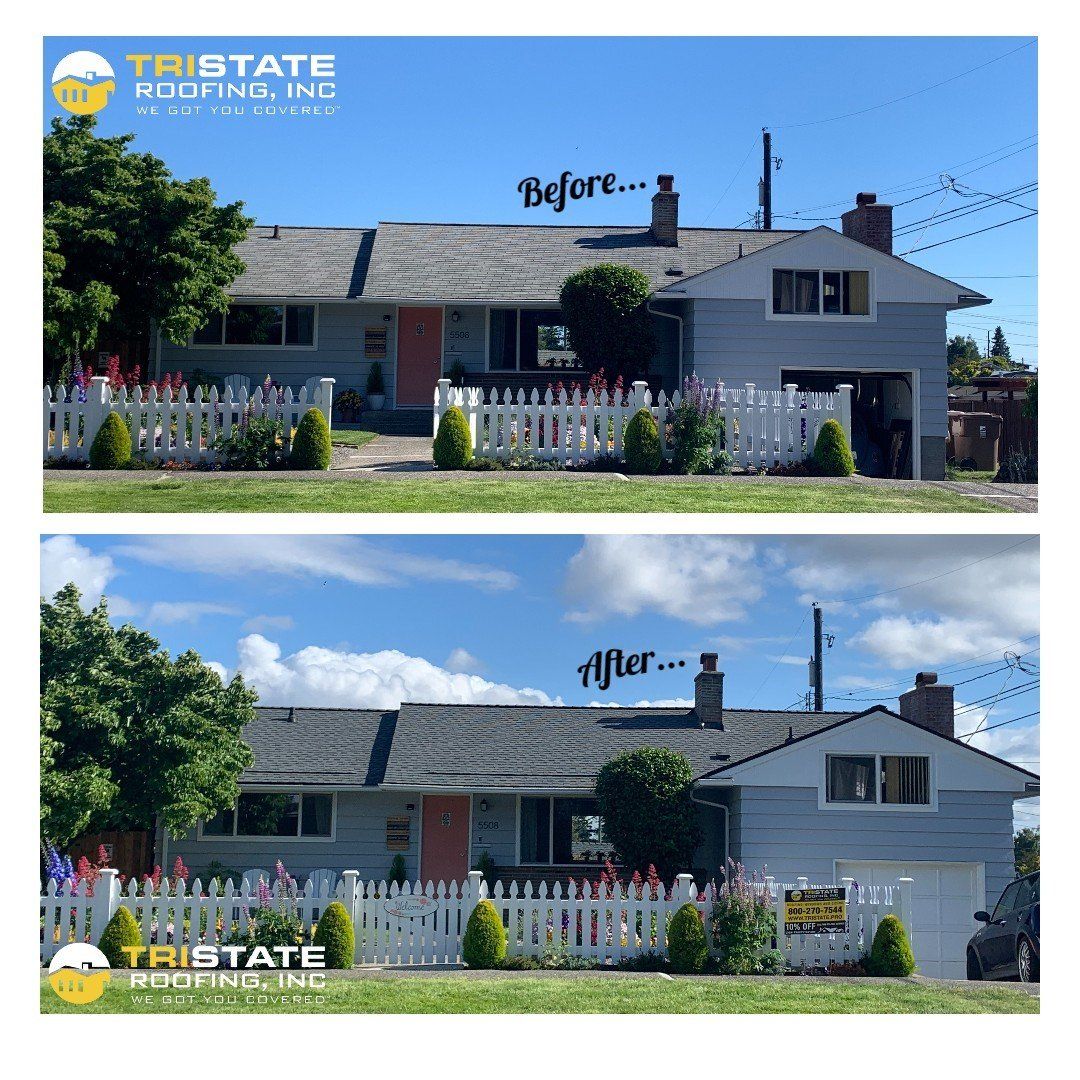 A before and after photo of a house with a white picket fence