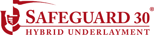 A red and white logo for safeguard 30 hybrid underlayment