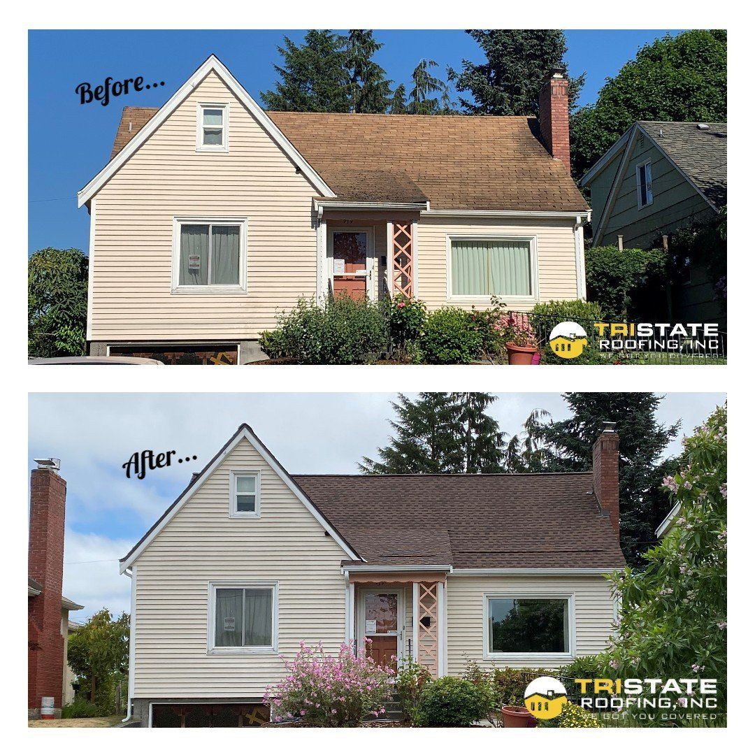 A before and after picture of a house with a brown roof
