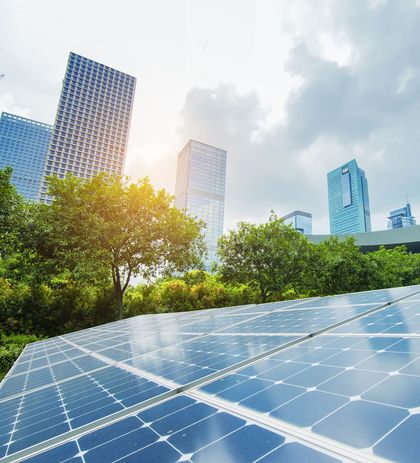 A row of solar panels with a city skyline in the background.