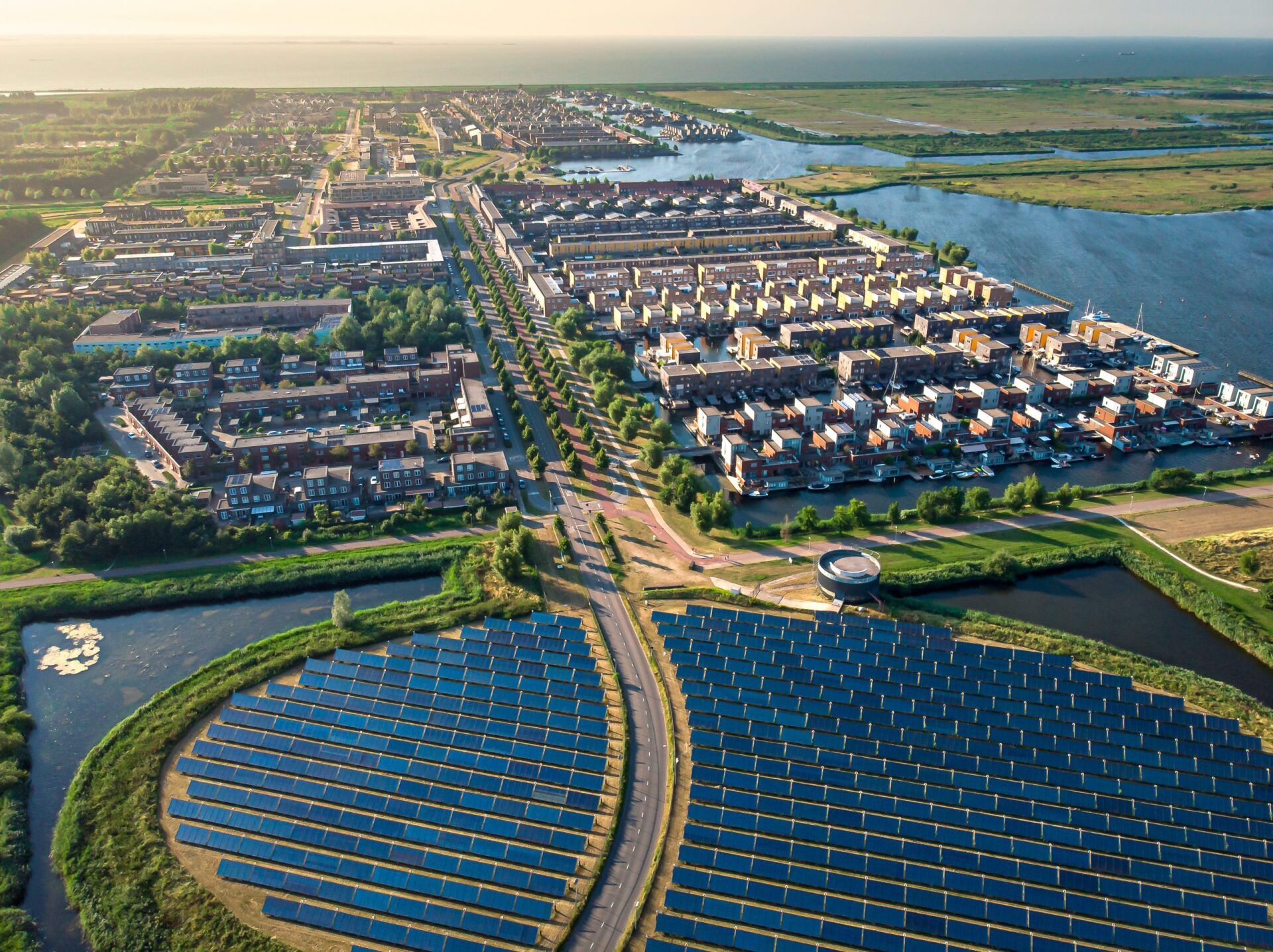 aerial view of a community with a solar farm microgrid