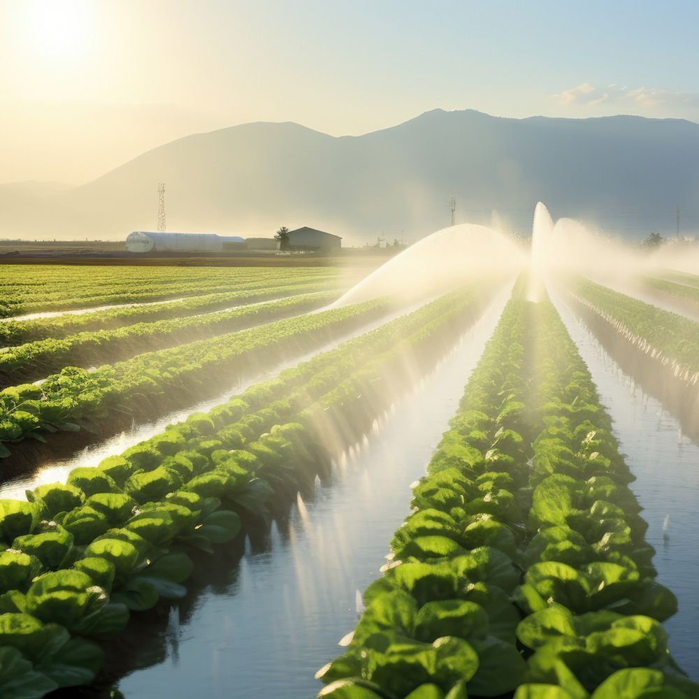 A field of lettuce is being watered by a sprinkler