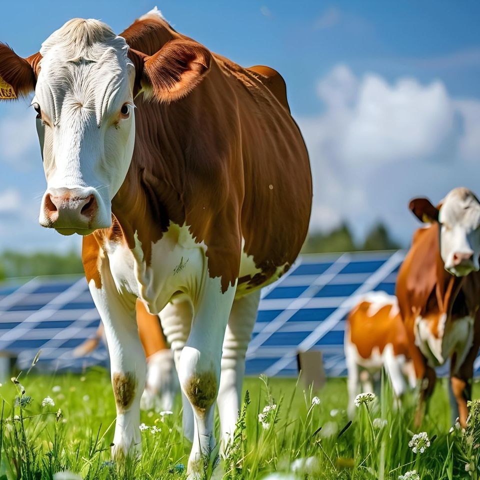 A brown and white cow standing in a field with solar panels in the background