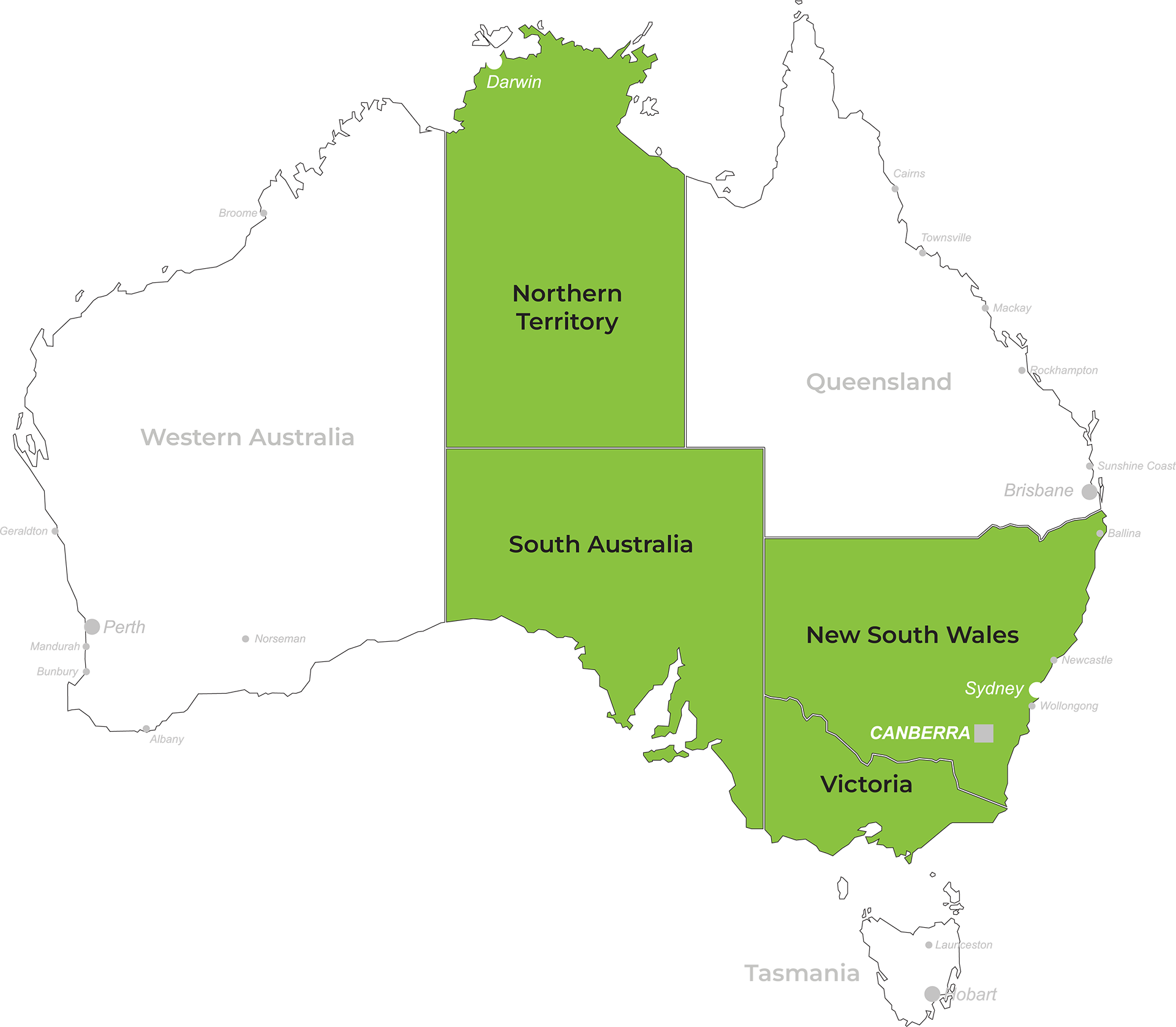 Map of Australia with NT, SA, NW and VIC highlighted