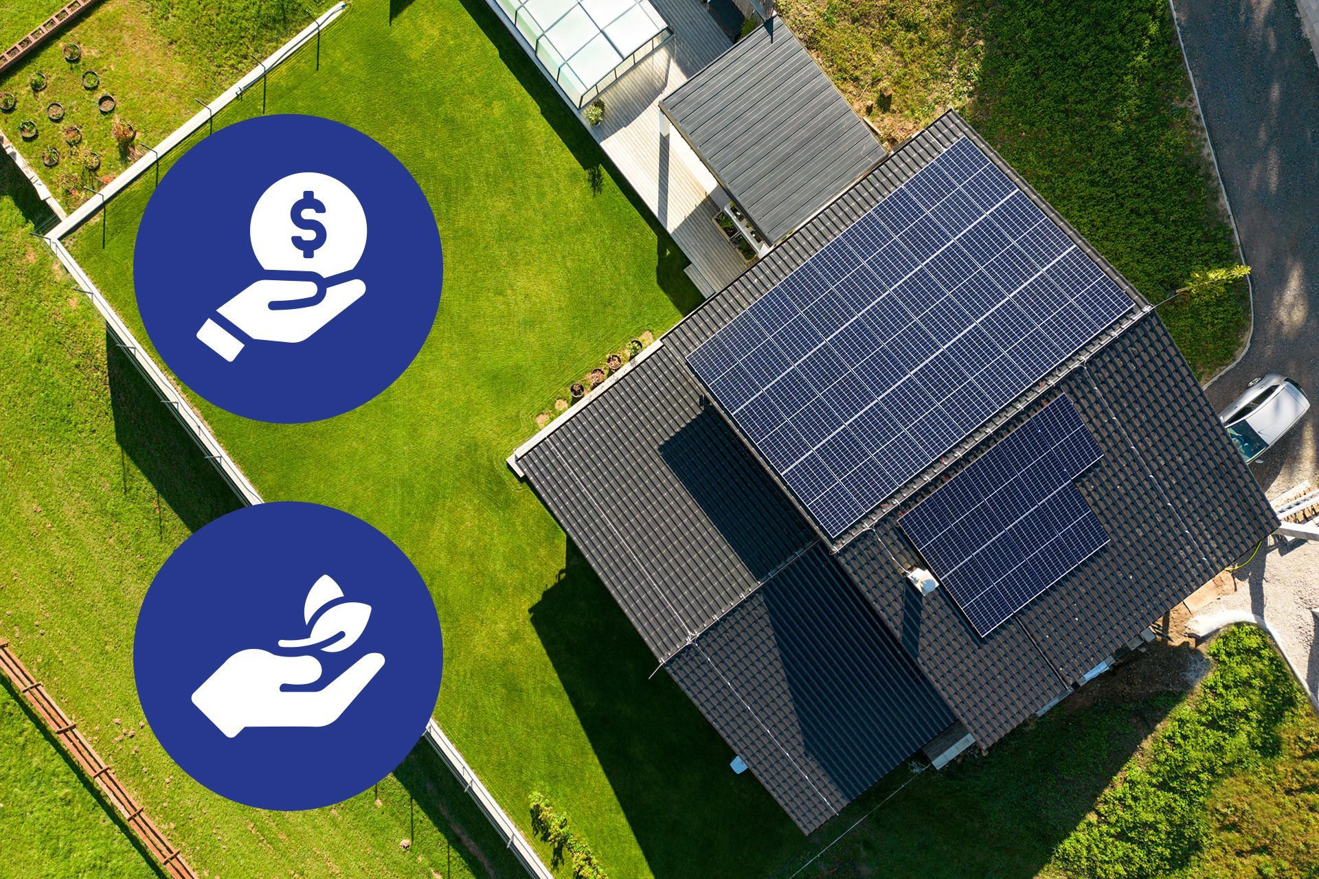 An aerial view of a house with solar panels on the roof.